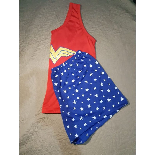 Short Doll Pijama Adulto Verão Baby Doll Feminino Blusa Regata Mulher Maravilha