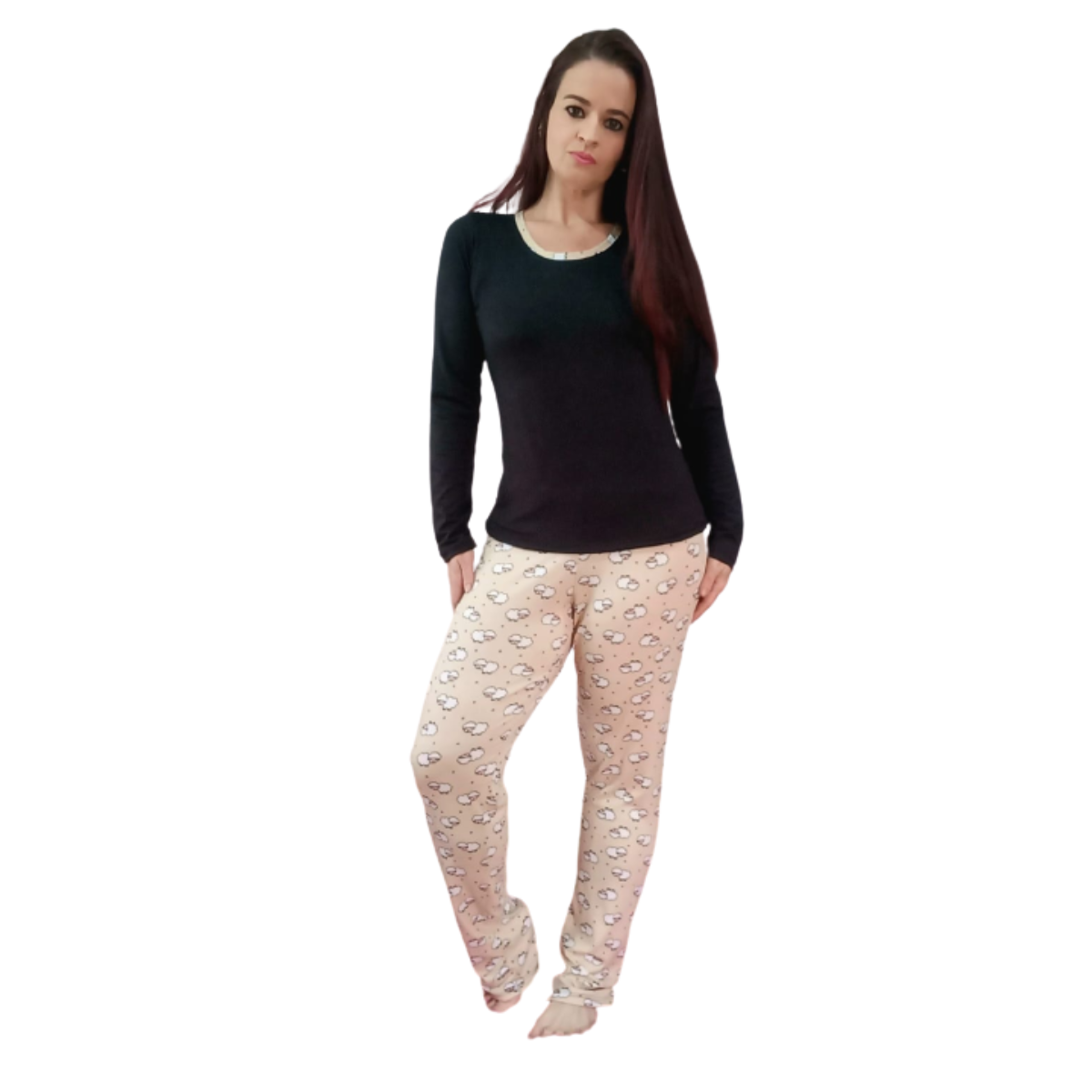 Pijama Longo Estampado Feminino Inverno Suede Confortável